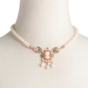 New CAMEO ITALIANO 18kt Rose Gold Plated Cameo Pearl Necklace Made In Italy